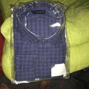 Navy blue checkered button up by Proper Cloth.